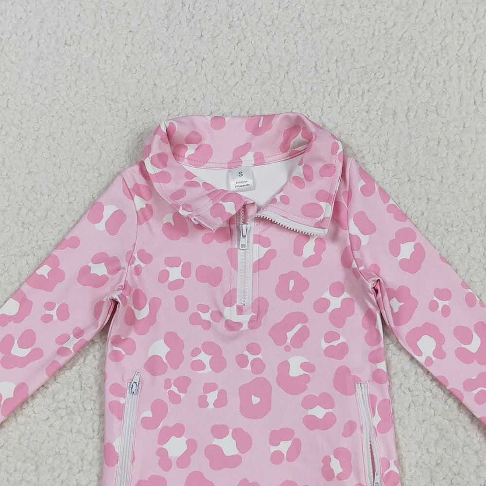 RTS NO MOQ （In stock）GT1070 Baby Girls  Yoga Tops Baby Girls Pink Leopard Pockets Zipper Yoga Activite Jackets Top