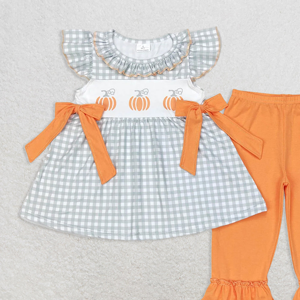 GSPO1533 RTS NO MOQ Baby Girls Spring Outfits Pumpkin orange bow green plaid flying sleeve trousers suit
