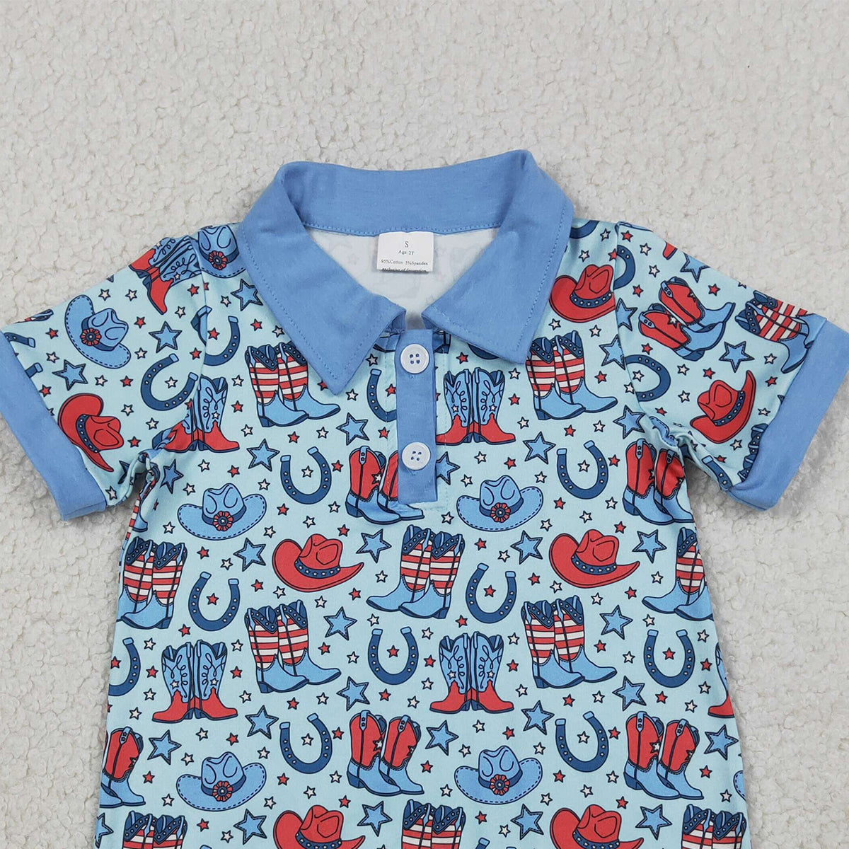 3.26 RTS NO MOQ （In stock）SR3884 Children's Fashion Romper Baby Boys Short Sleeve Blue Star Hat Boots 4th of July Western Button Rompers