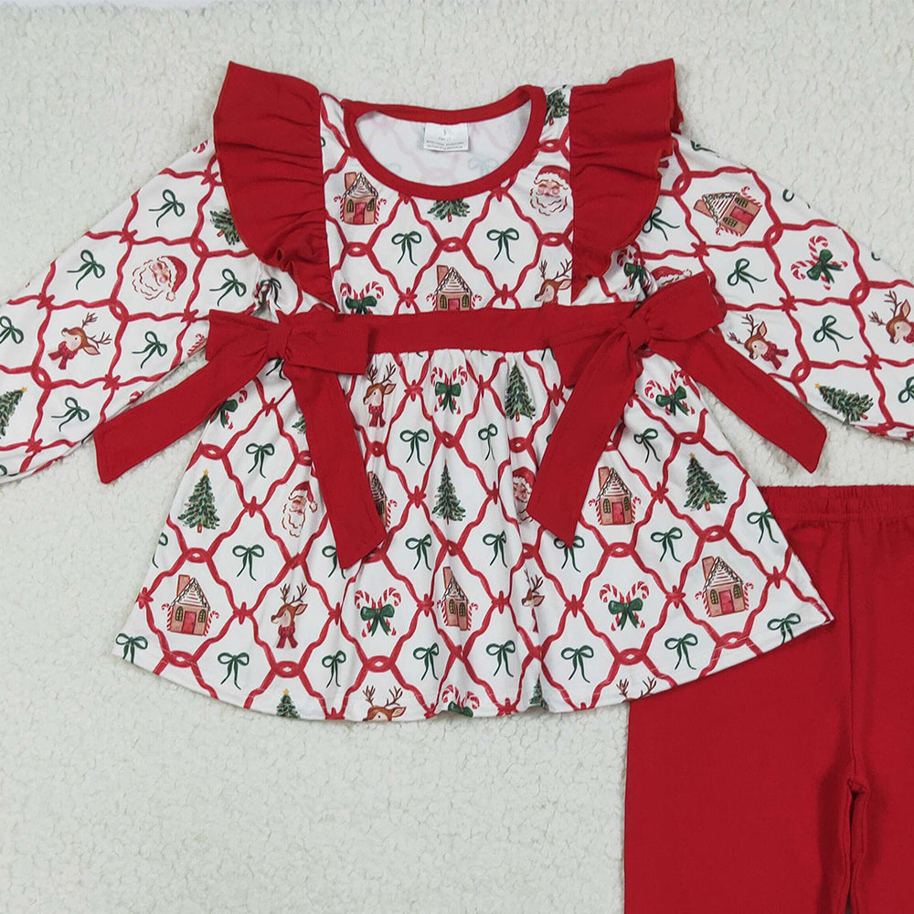 RTS NO MOQ （In stock）GLP2525 Baby Girls Winter Outfits Baby Girls Christmas Trees Bows Tunic Ruffle Pants Clothes Sets
