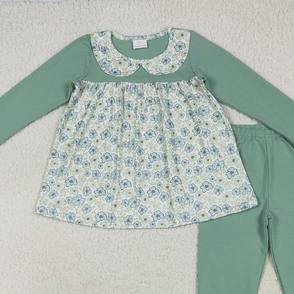 RTS NO MOQ （In stock） GLP2407 Baby Girls Winter Outfits Baby Girls Green Long Sleeves Floral Tunic Ruffle Pants Clothes Sets