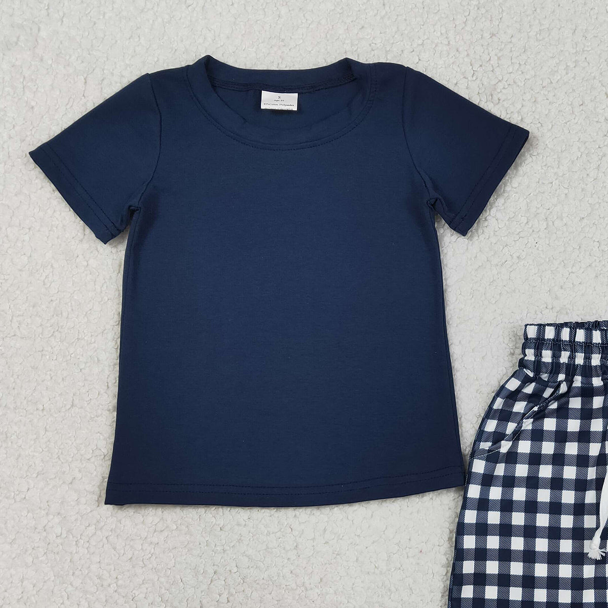 3.12 RTS NO MOQ （In stock）BSSO1882 Kids Clothing for Baby Boys Short Sleeve Navy Shirts Top Checked Pockets Short Clothes Sets