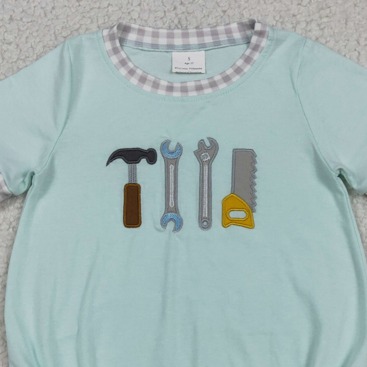 SR3541 RTS NO MOQ （In stock）Plaid short sleeves tools baby boy romper
