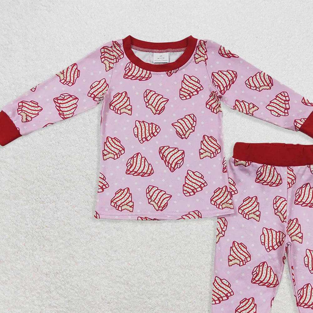 RTS NO MOQ （In stock） GLP0453 Baby Girls Winter Outfits Christmas tree biscuit polka dot pink long sleeve trousers suit