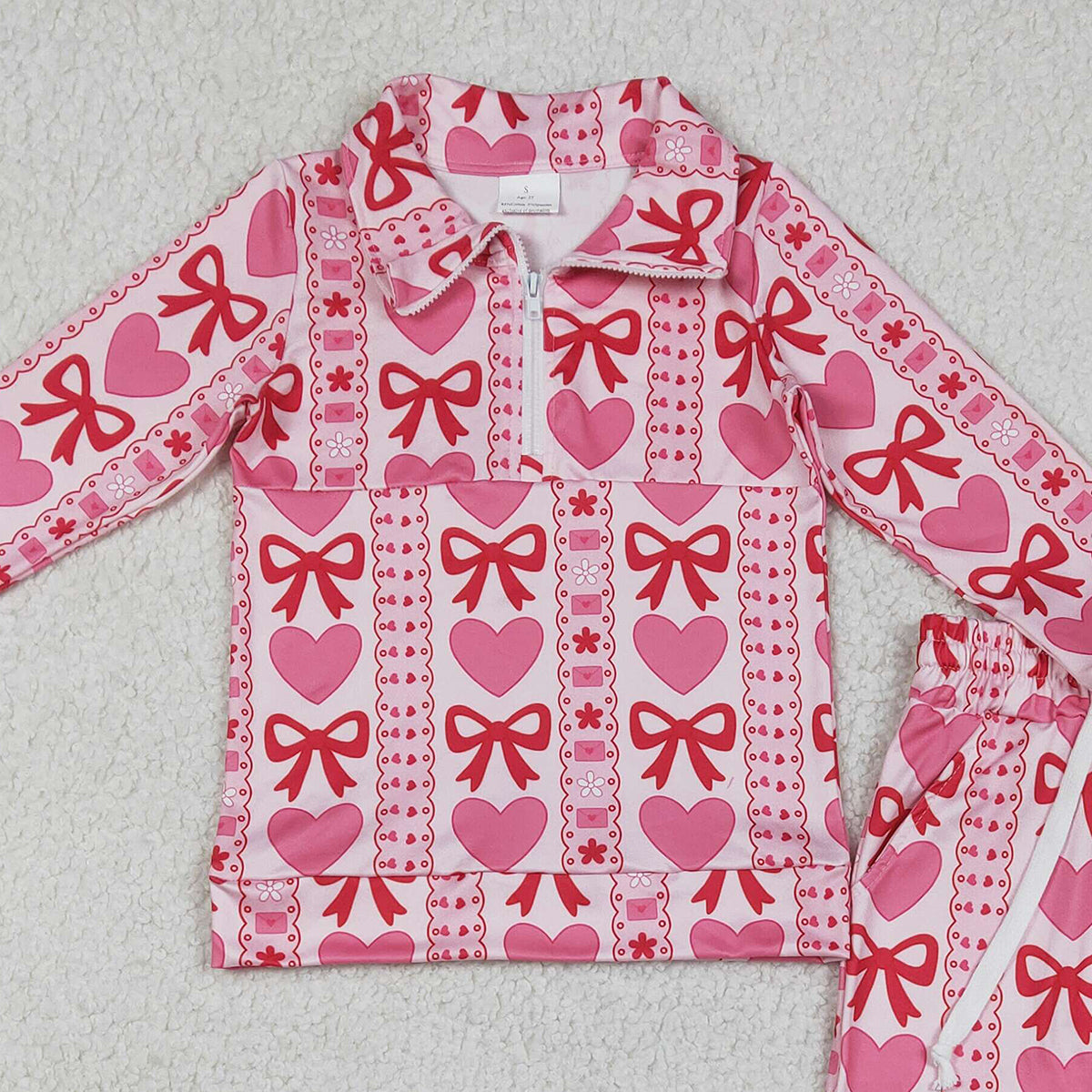 12.27 RTS NO MOQ （In stock）GLP3236 Baby Girls Bows Hearts Stripe Zipper Pullovers Jogger Valentines Clothes Sets