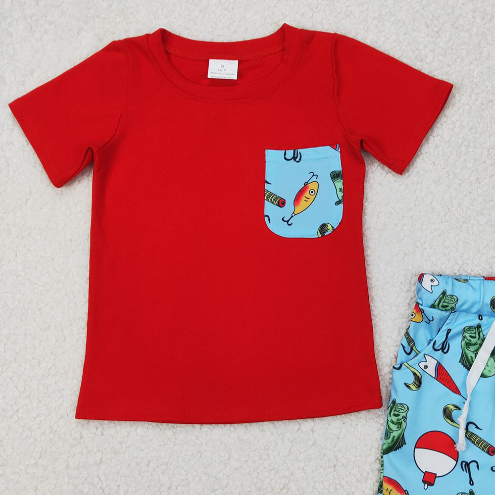 4.18 BSSO1289 RTS NO MOQ Red short sleeves pocket top fishing shorts boys clothes