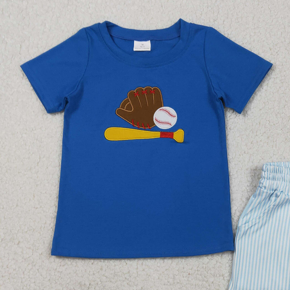 1.27 RTS NO MOQ （In stock）BSSO1670 Embroidery Baseballs Baby Boys Blue Top Pockets Stripe Shorts Team Clothes Sets