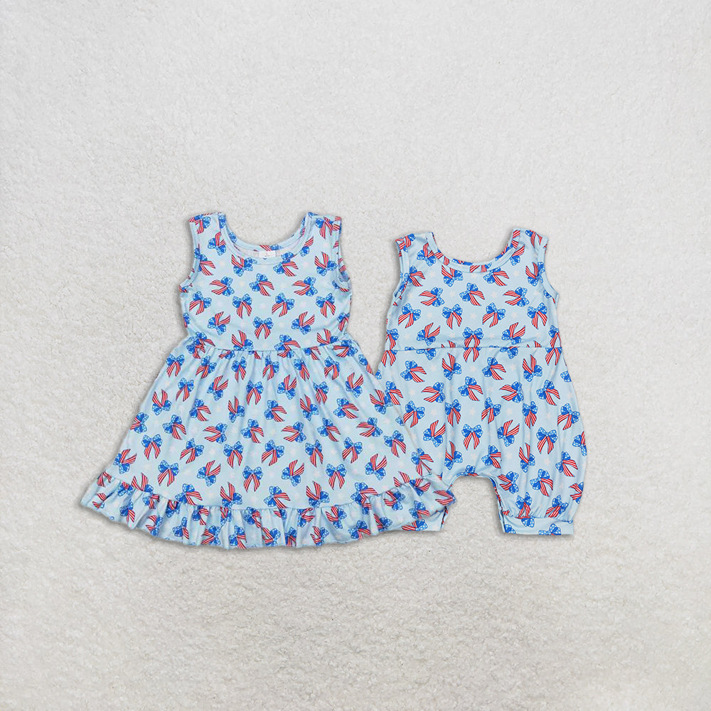 4.26 RTS NO MOQ Baby Girls Sleeveless Dress Blue Stars Stripe Bows Fourth of July Outfit for Toddlers