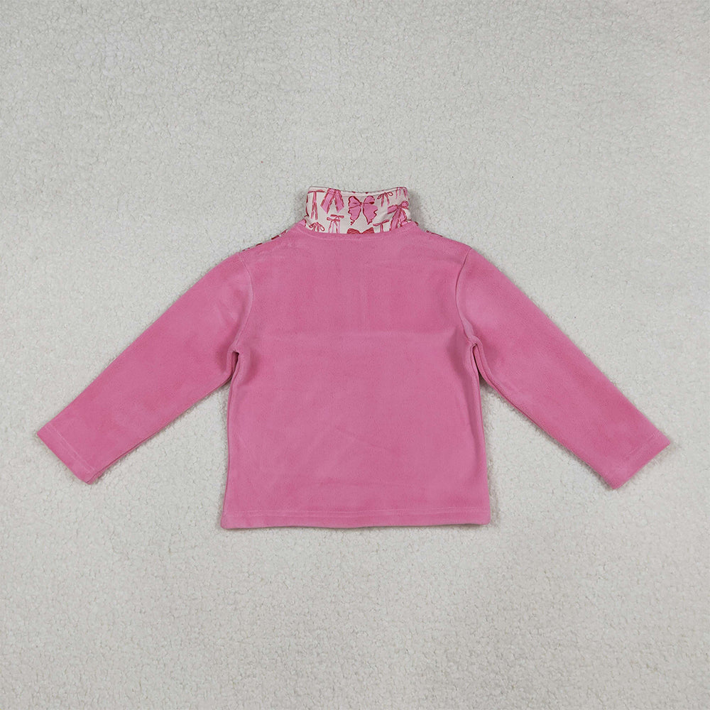 RTS NO MOQ （In stock）GT1149 Baby Girls Long Sleeve Tops Pink Bows Plaid Quatrefoil Zipper Pullover Sherpa Tops
