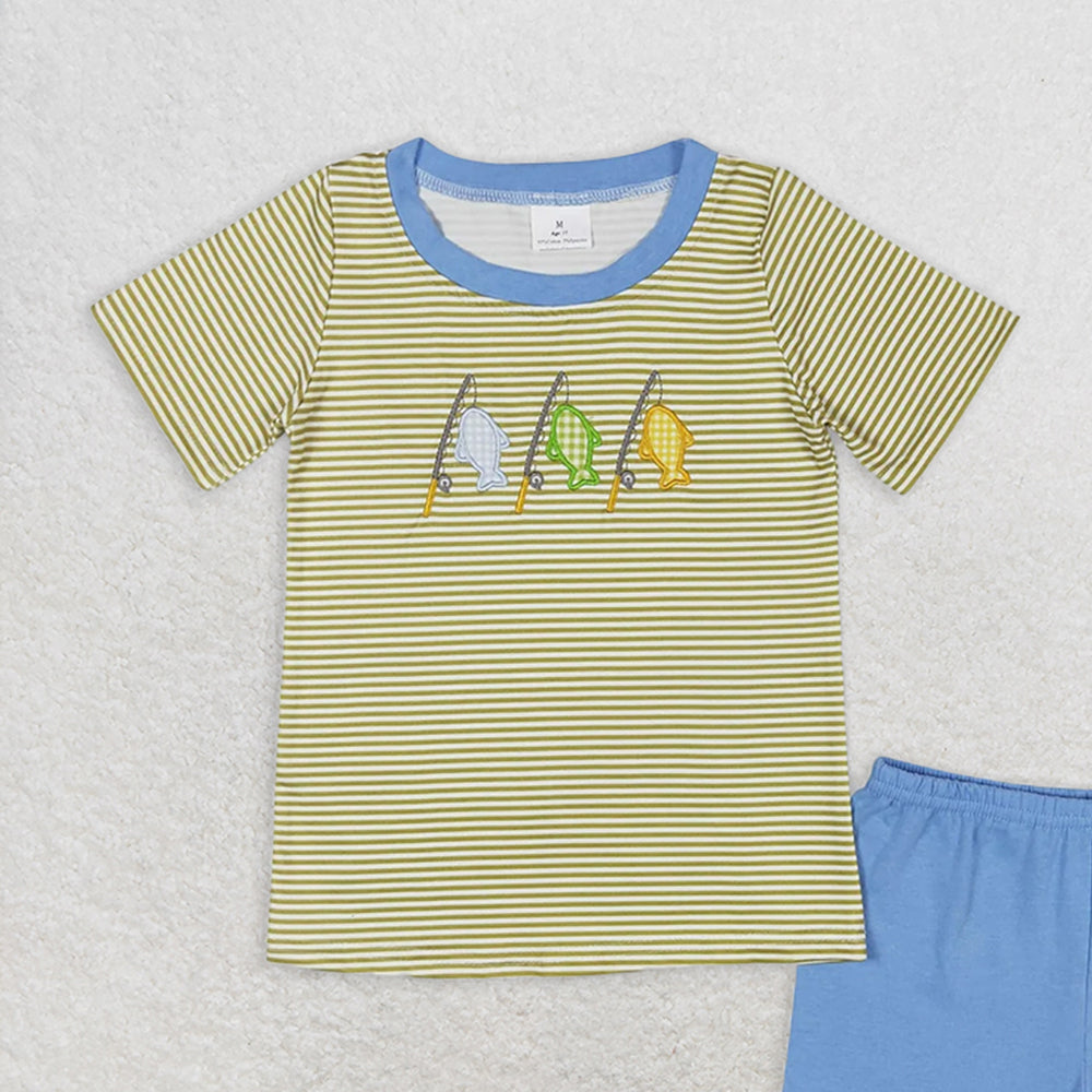 BSSO0732 RTS NO MOQ Baby Boys Summer Boys Outfits Baby Boys Stripes Fishing Short Sleeve Tee Shirts Tops Shorts Clothes Sets