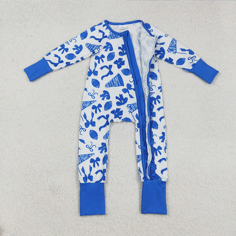 RTS NO MOQ （In stock）LR2511 Baby Girls Winter Rompers Blue Football Bow Ruffle Baby Girls Team Zipper Romper Infant Outfit