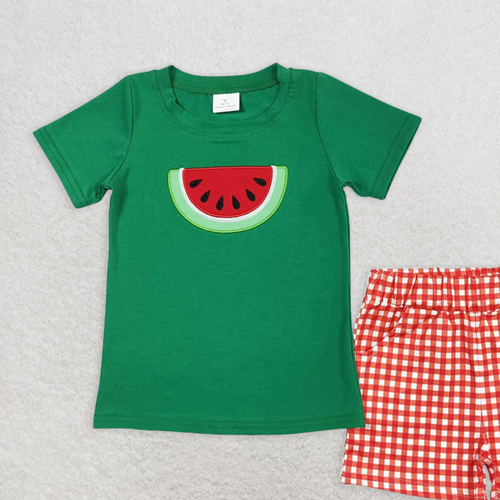 BSSO0345RTS NO MOQ Baby Boys Summer Boys Outfits  Baby Boys Watermelon Short Tee Summer Shirts Checkered Shorts Clothes Sets