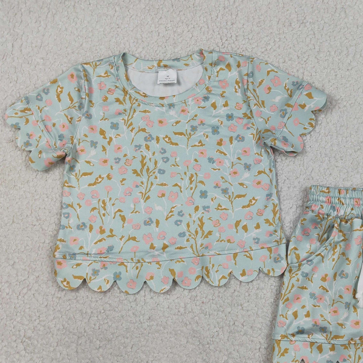 GSSO3266 RTS NO MOQ （In stock ）Mint floral scallop short sleeves top shorts girls summer set