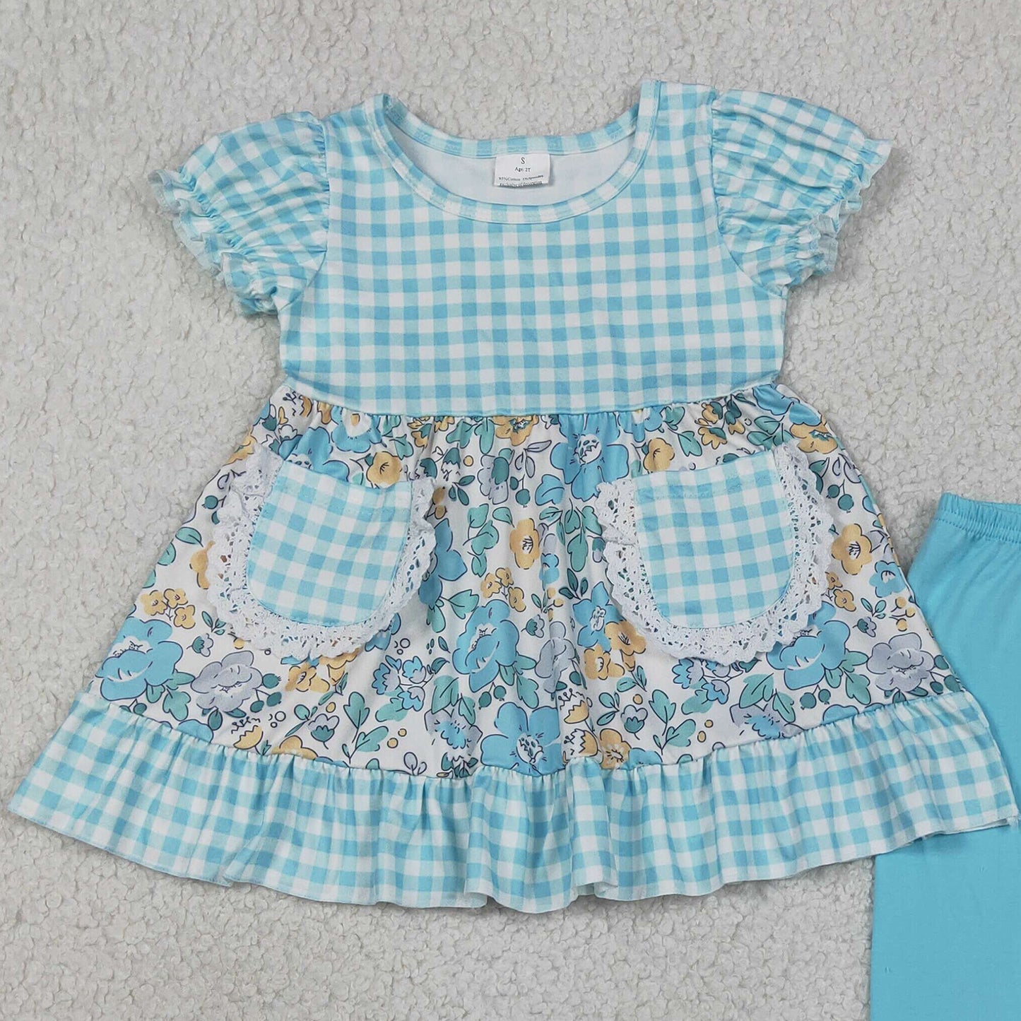 GSPO2282 RTS NO MOQ （In stock ）Short sleeves plaid floral tunic pants girls outfits