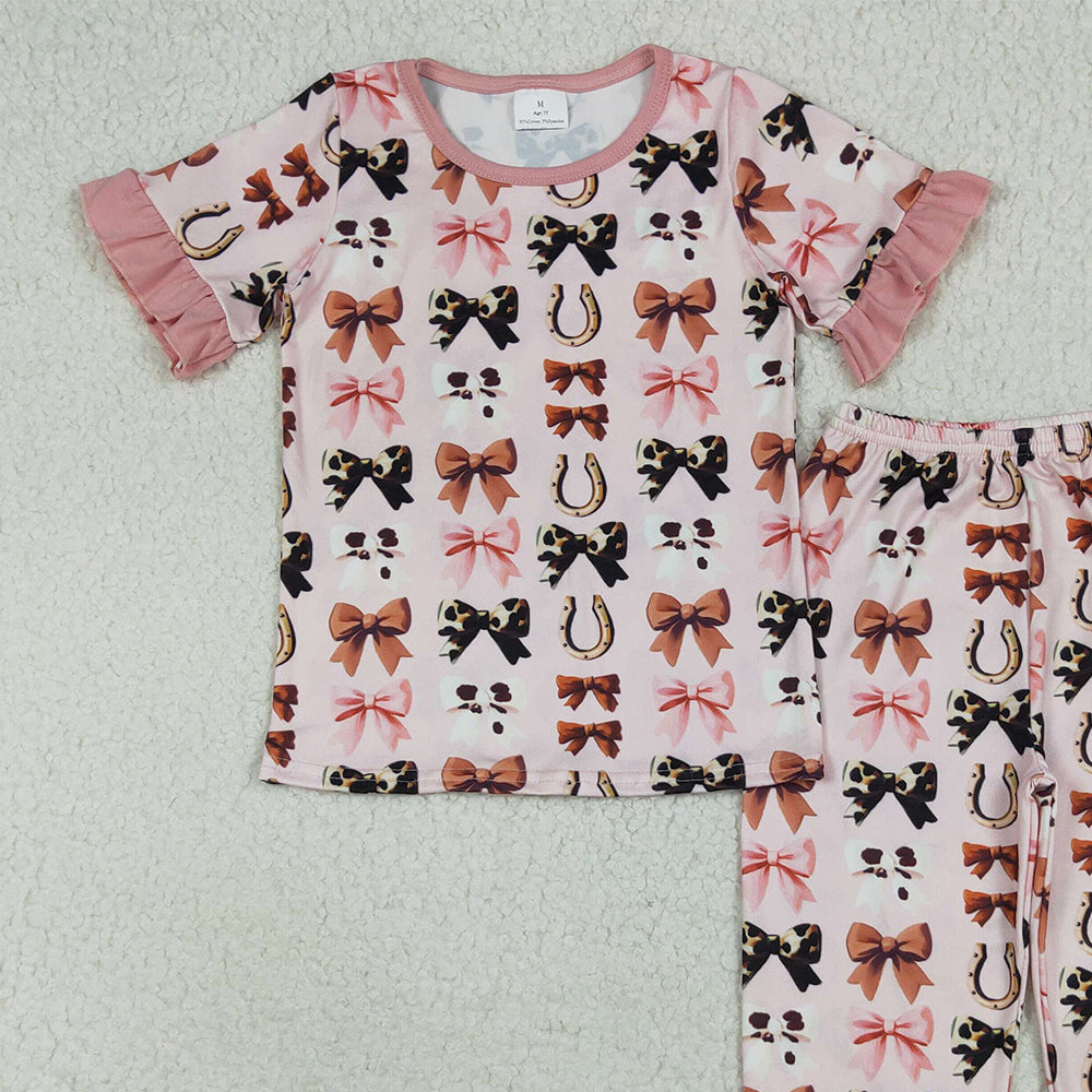 GSPO2035RTS NO MOQ Baby Girls Spring Outfits Baby Girls Pink Short Ruffle Sleeves Bows Horse Shoes Top Pant Pajamas Set