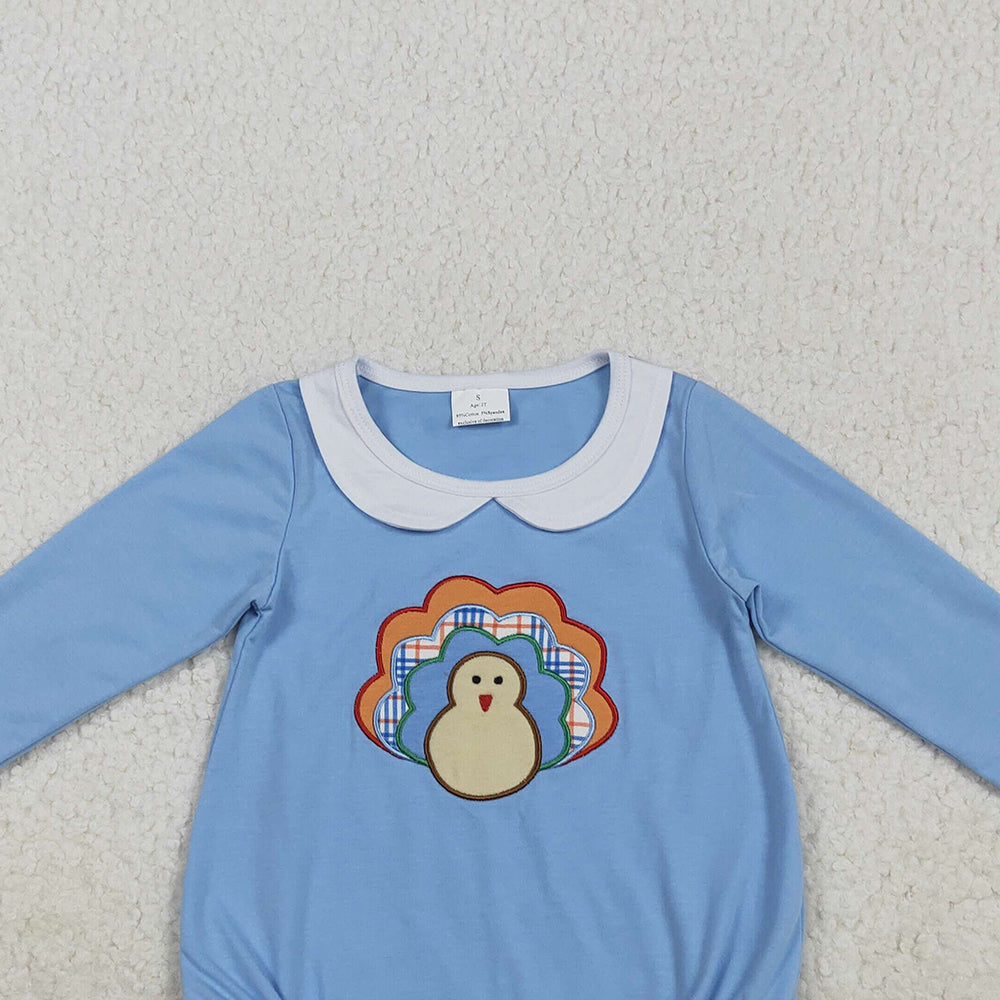 RTS NO MOQ （In stock）LR2261 Baby Boys Winter Rompers Embroidery Baby Boys Blue Long Sleeves Turkey Bummies Rompers