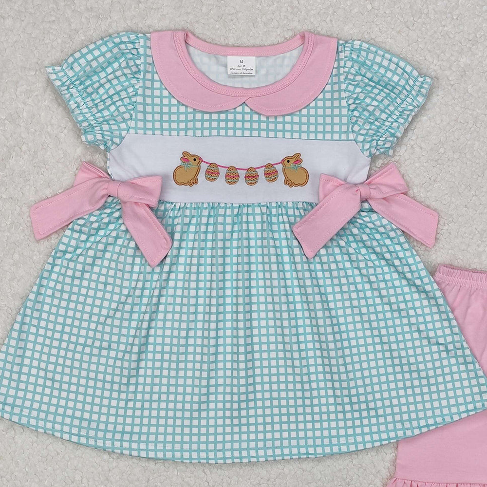 GSSO1882Girls Plaid Bunny Eggs Tunic Ruffle Shorts Outfit Easter Themed Clothing Set for Kids