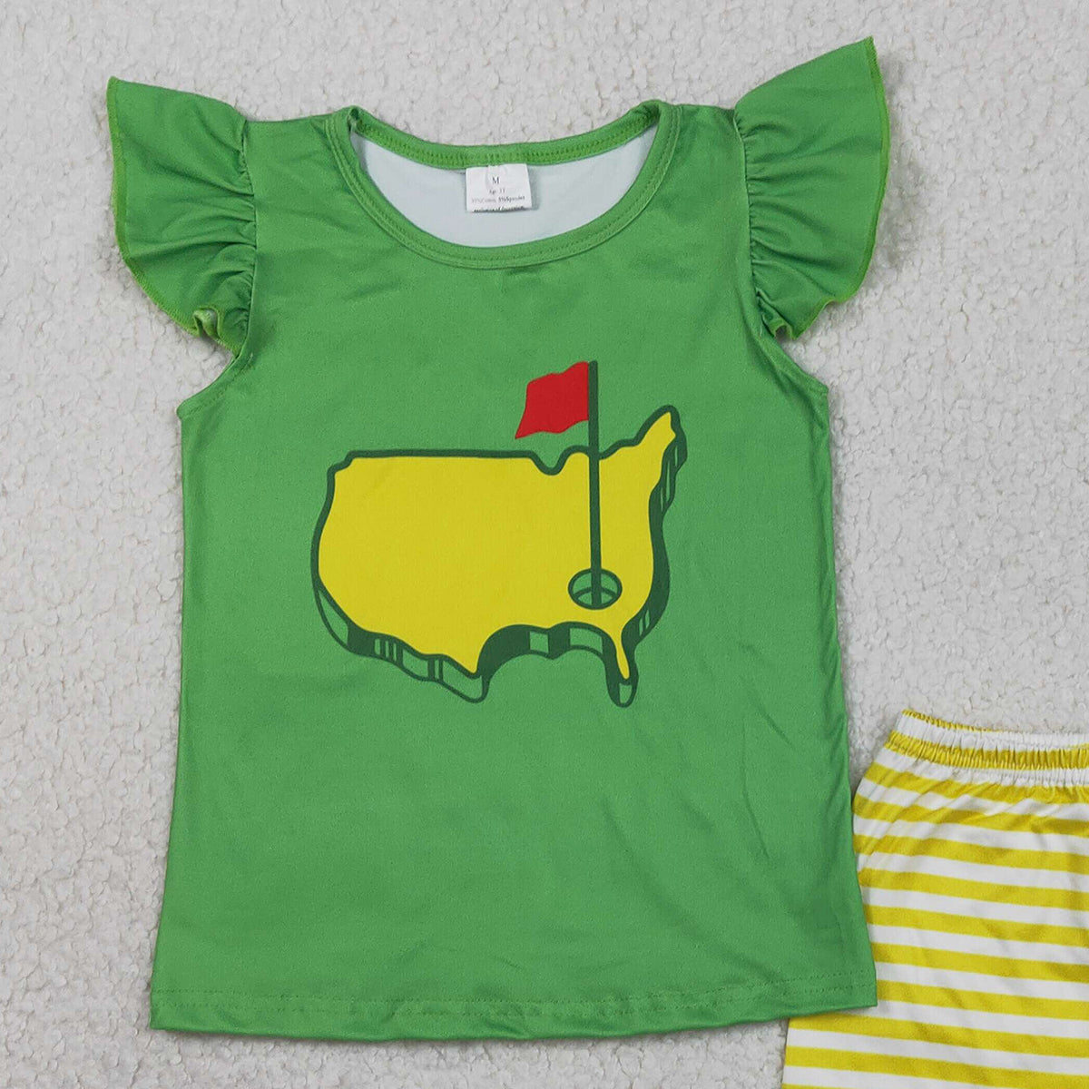 1.22 RTS NO MOQ （In stock）GSSO2867 Baby Girls Flutter Sleeve Green Golf Flags Top Ruffle Shorts Clothes Sets