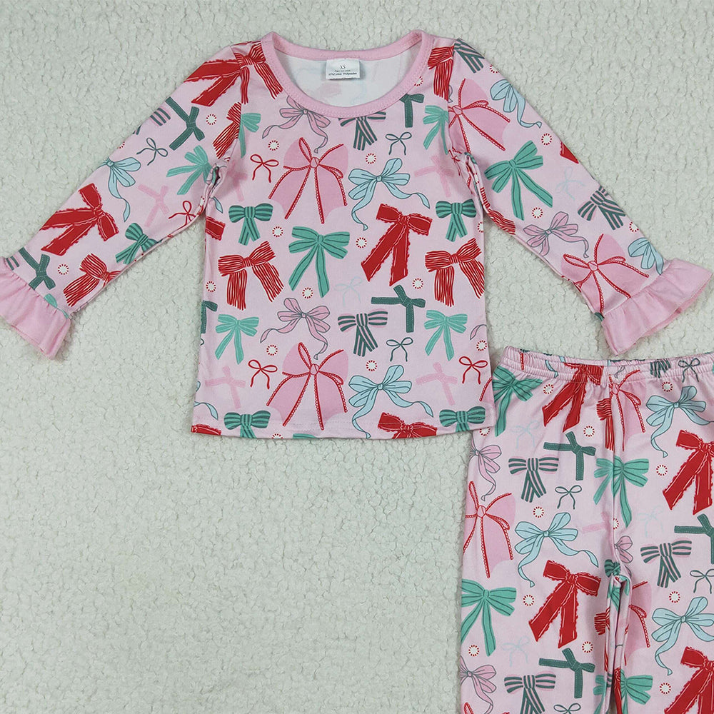 8.18 GLP2413RTS NO MOQ Baby Girls Winter Outfits Baby Girls Pink Long Ruffle Sleeves Colorful Bows Top Pant Pajamas Set