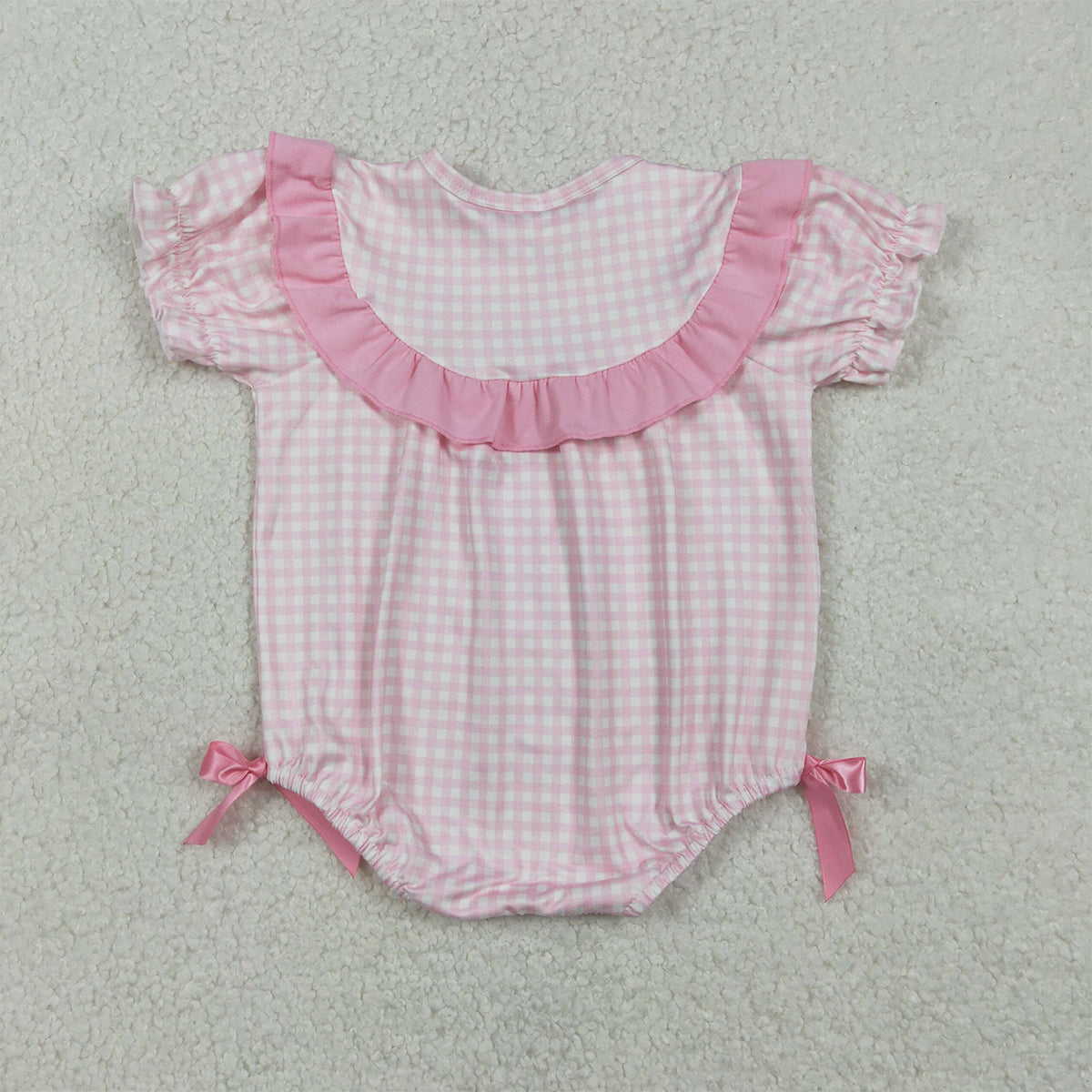 12.24 RTS NO MOQ （In stock）SR3565 Baby Girls Pink Checked Rabbits Chicks Easter Ruffle Rompers