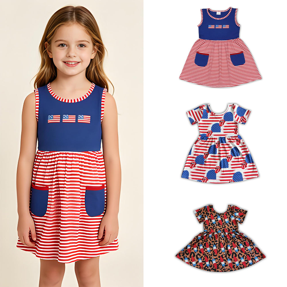 RTS Sibling Sleeveless flags pocket baby girls 4th of july dress