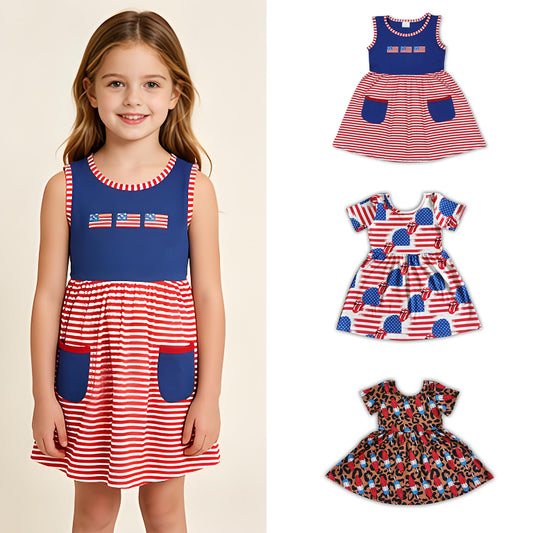 RTS Sibling Sleeveless flags pocket baby girls 4th of july dress