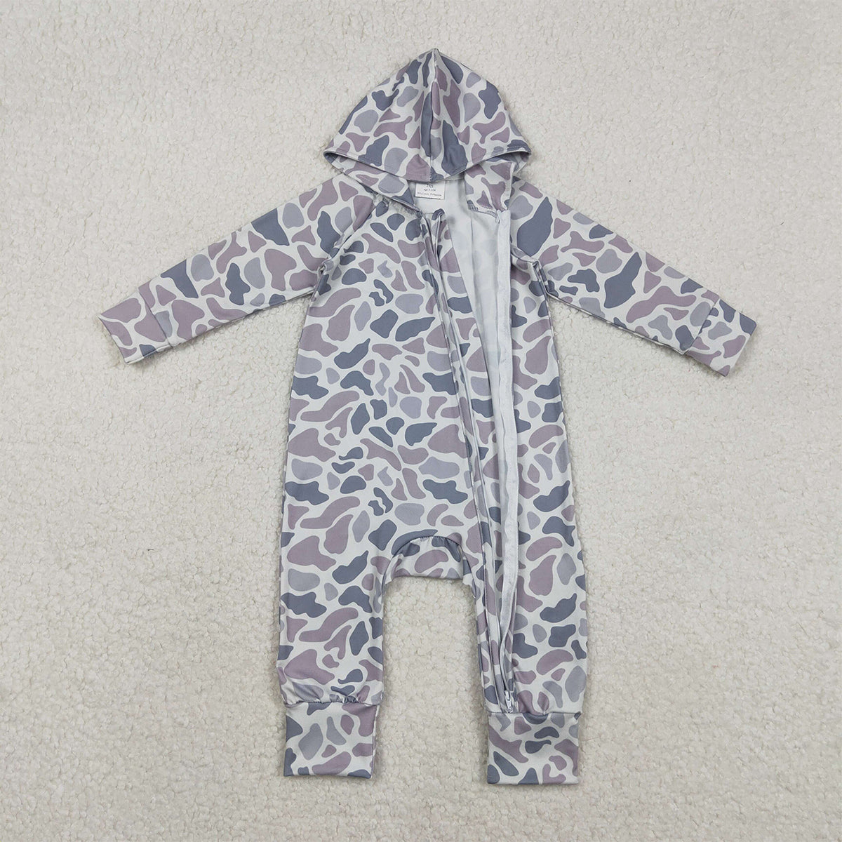 11.22 RTS NO MOQ （In stock）LR2813 Baby Boys Grey Camo Hoodie Two Way Zip Convertible Rompers