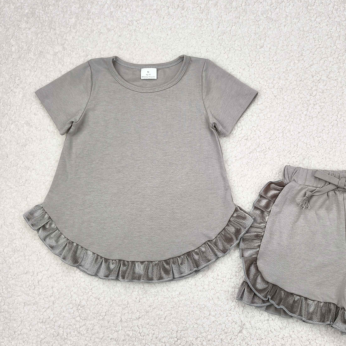 6.21 GSSO2182 RTS NO MOQ Baby Girls Summer Outfits Pure gray green lace short sleeve shorts suit
