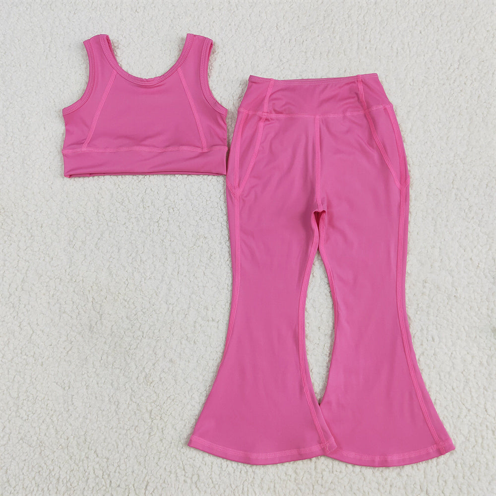 7.16  GSPO2002RTS NO MOQ Baby Girls Yoga Outfits Baby Girls Dark Pink Yoga Vest Bell Bottom Pants Active Wear Clothes Sets