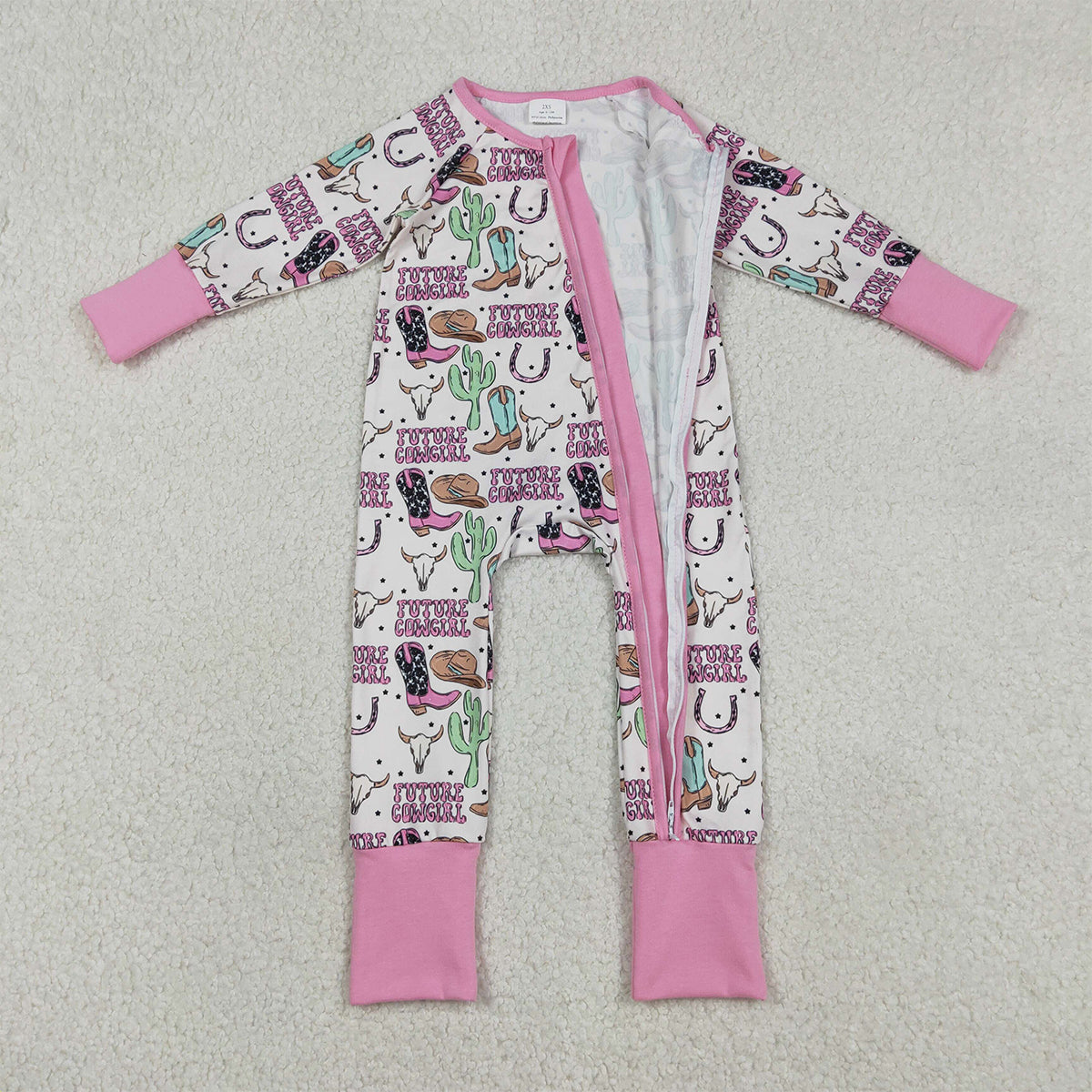 12.30 RTS NO MOQ （In stock）LR2945 Baby Girls Winter Rompers Baby Girls Cactus Cowgirls Western Two Way Zip Convertible Rompers