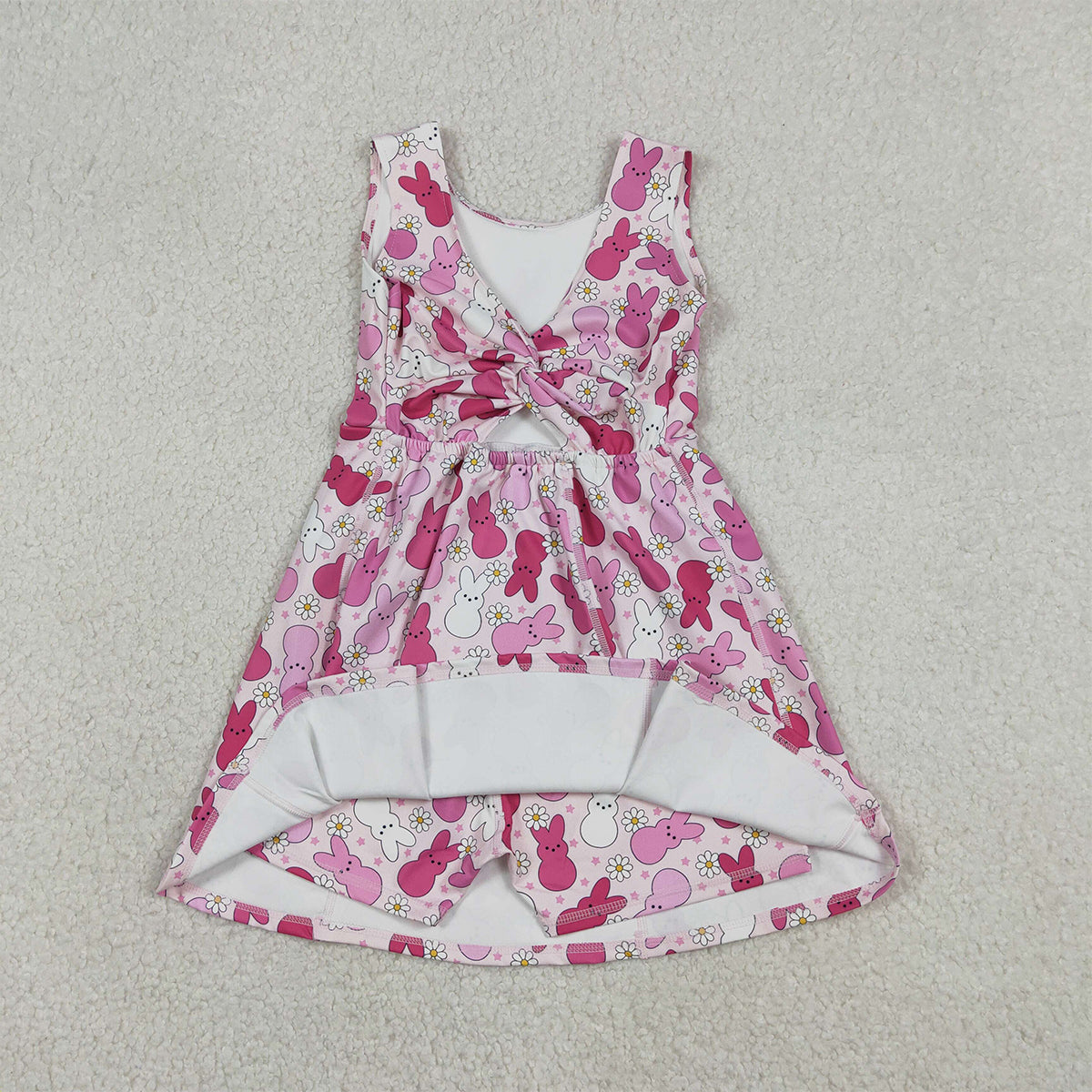 12.20 RTS NO MOQ （In stock）GSD3053 Baby Girls Sleeveless Pink Rabbits Daisy Easter Yoga Shorts Knee Length Dresses