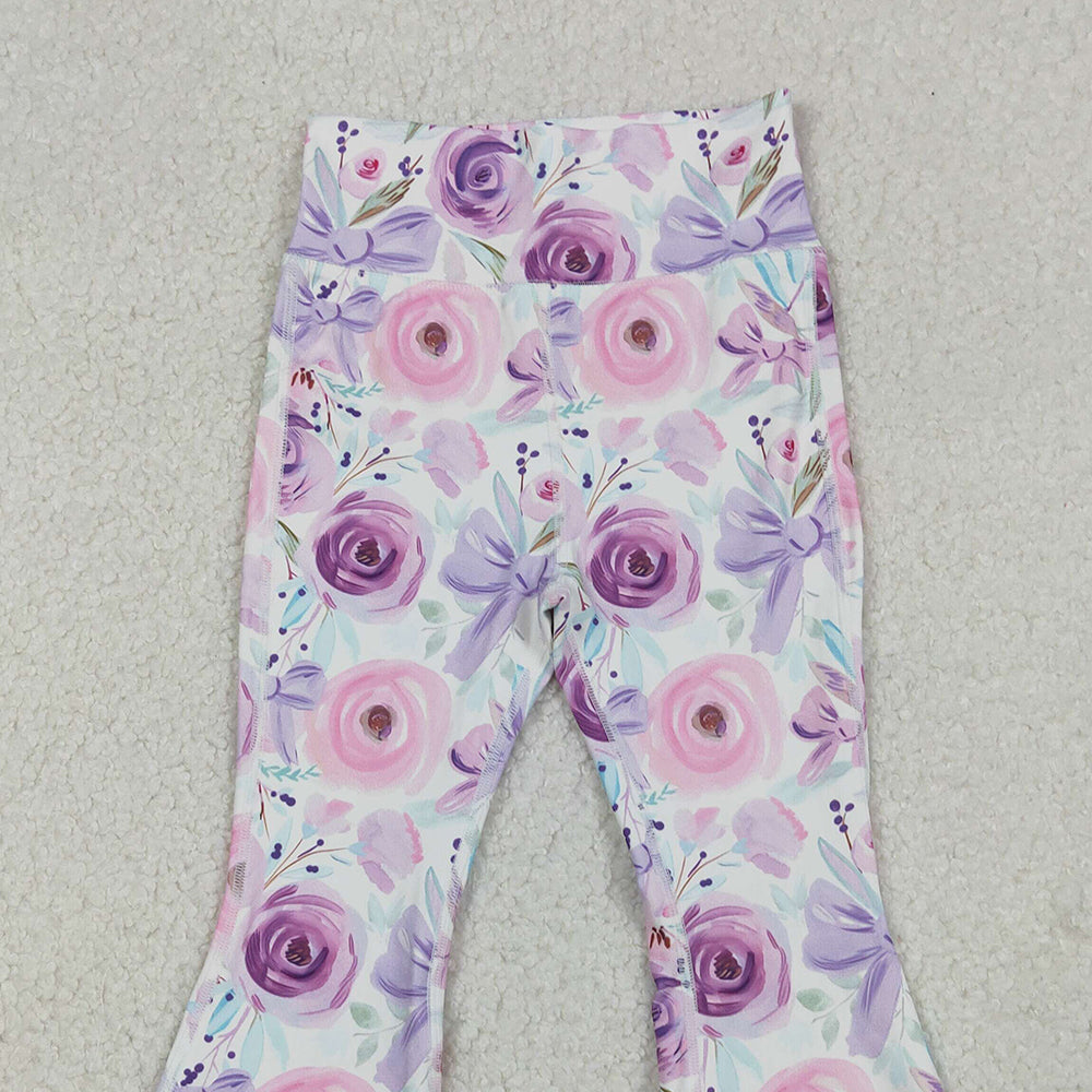 RTS NO MOQ （In stock）P0774 Baby Girls Pants Purple Flower Bows Bell Bottom Yoga Pants