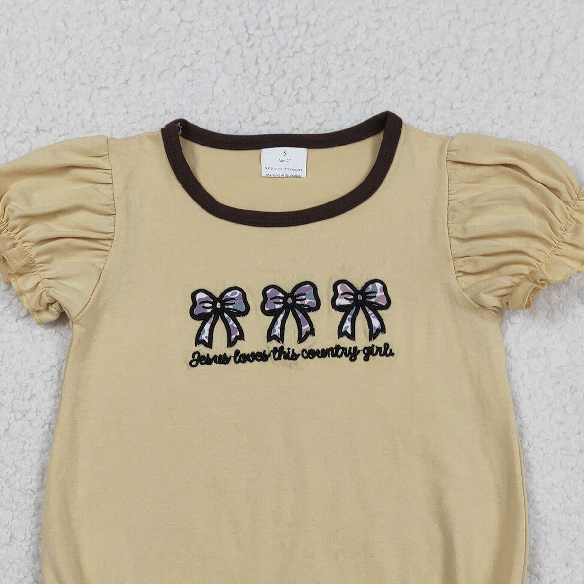 11.20 RTS NO MOQ （In stock）SR3281 Baby Girls Summer Rompers Embroidery Jesus Loves This Country Girls Camo Bows Ruffle Sleeve Rompers