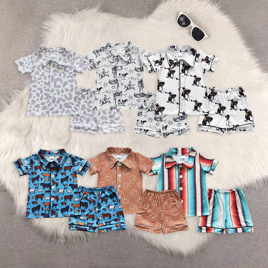 8.02 RTS Sibling Baby Boys Summer Pajamas Outfits Short sleeves cow cactus western baby kids summer pajamas