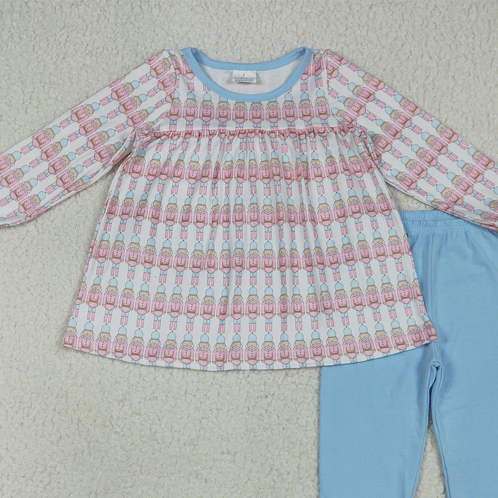 RTS NO MOQ （In stock） GLP2456 Baby Girls Winter Outfits Baby Girls Christmas Soldier Plaid Top Blue Ruffle Pant Sets