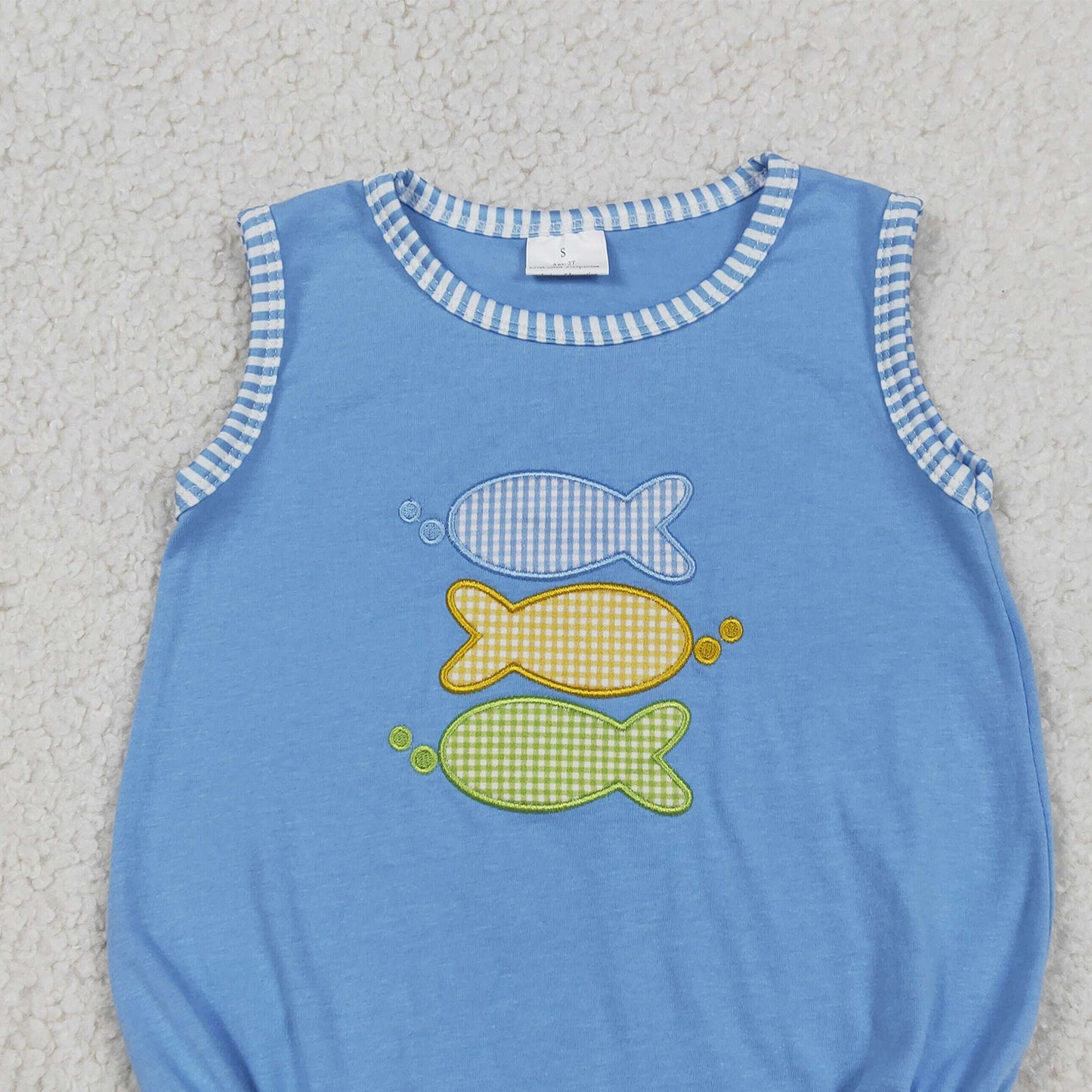 SR4005 RTS NO MOQ （In stock）Light blue sleeveless fish baby boy summer romper  Reviews