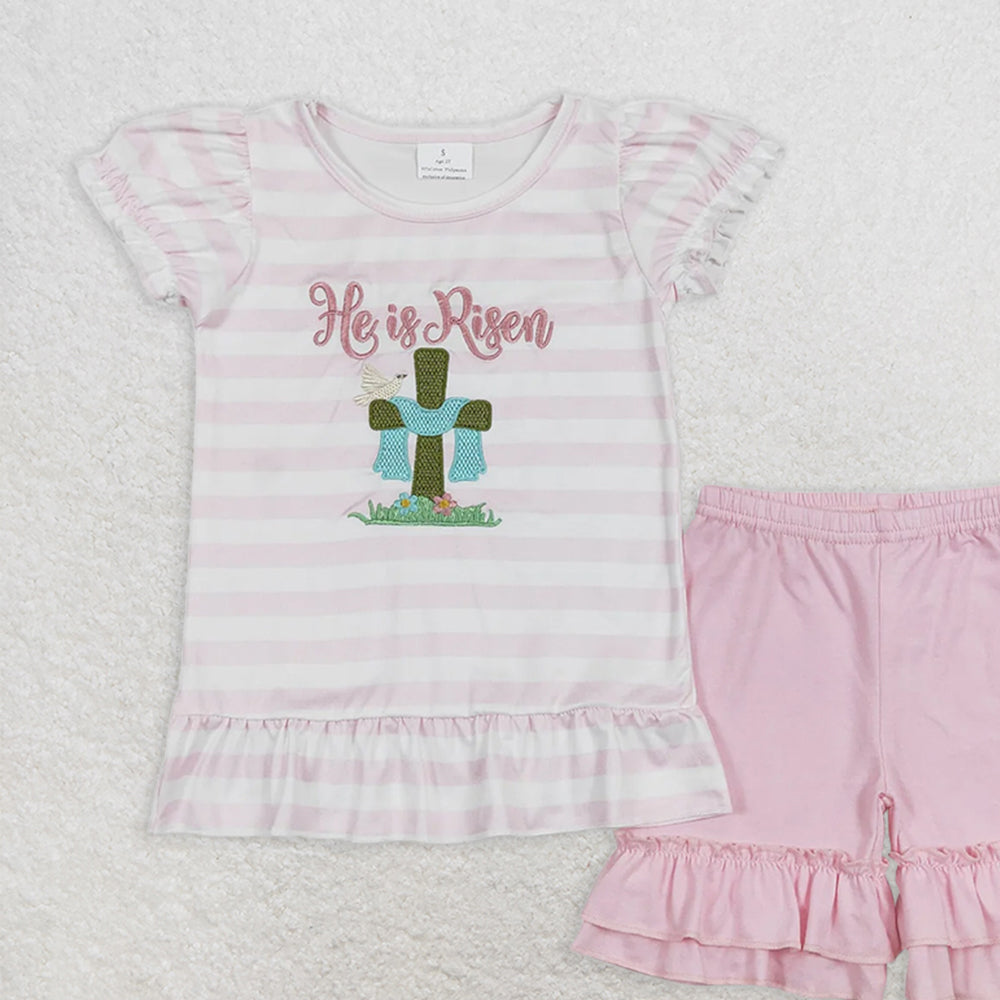 GSSO0382 RTS NO MOQ Baby Girls Summer Outfits He is risen embroidered cross pink and white striped shorts set
