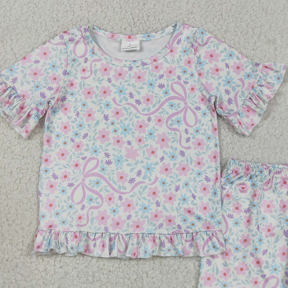 GSSO3322 RTS NO MOQ （In stock ）Short sleeves floral bow ruffle top shorts girls outfits