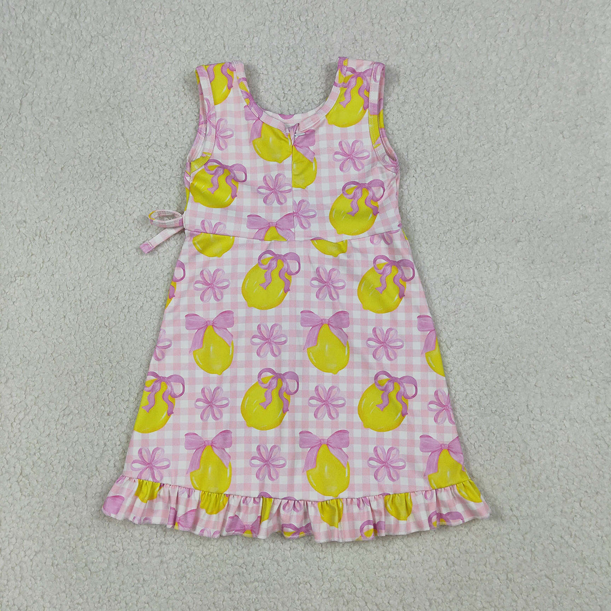 3.31 RTS NO MOQ （In stock GSD3683 Sleeveless pink plaid bow lemon girls summer athletic dress
