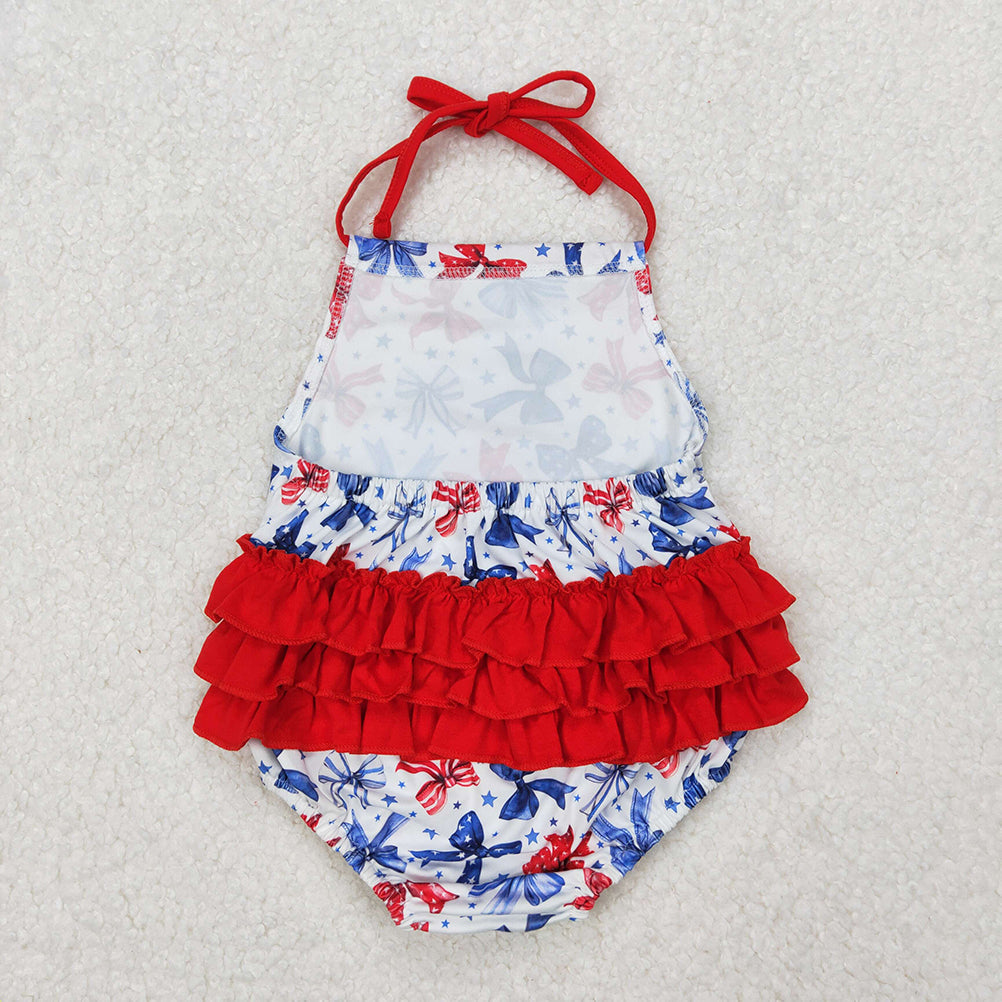 SR2591 New Rts No Moq 8-9 Days By Air Arrived it Red ruffle stars stripe bow halter baby 4th of july romper