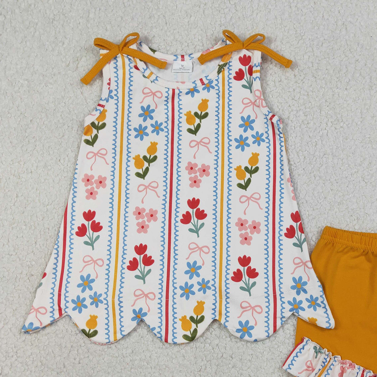 3.19 RTS NO MOQ （In stock）GSSO3388 Kids Clothing for Baby Girls Strap Bows Flowers Stripe Scallop Tunic Ruffle Shorts Clothes Set