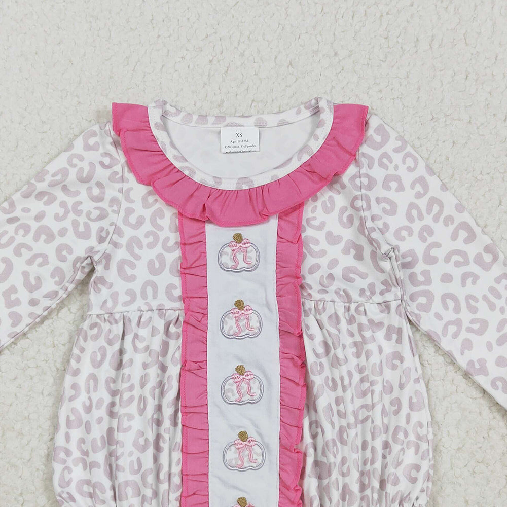 RTS NO MOQ （In stock）LR2220 Baby Girls Winter Rompers Embroidery Bows Pumpkins Baby Girls Leopard Fall Ruffle Rompers