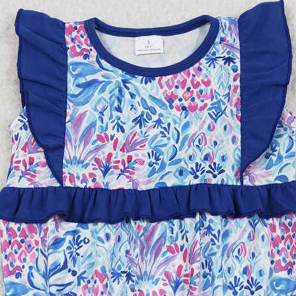 SR1033 New Rts No Moq 8-9 Days By Air Arrived it Flutter sleeves blue floral bow baby girls romper