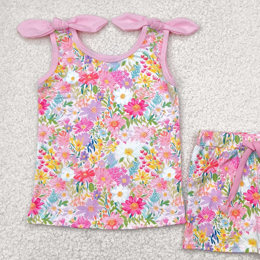 8.25 GSSO2551RTS NO MOQ Baby Girls Summer Outfits baby girl clothes floral suspender shorts set