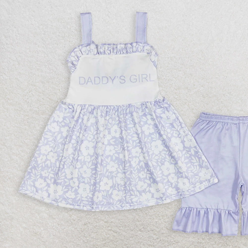 GSSO1069 RTS NO MOQ Baby Girls Summer Outfits Daddy's girl blue flower lace sleeveless shorts set