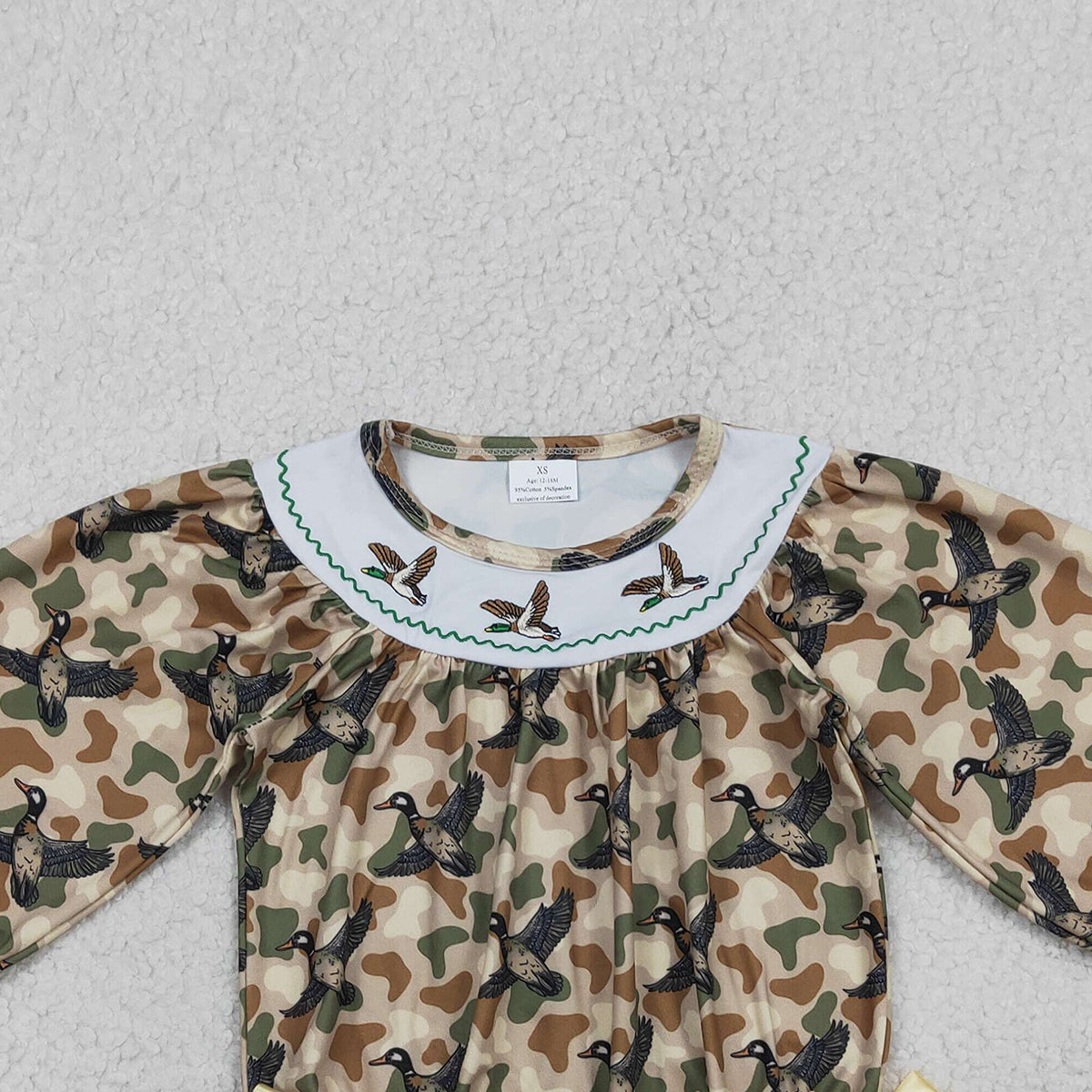 1.17 RTS NO MOQ （In stock）LR2896 Embroidery Ducks Baby Girls Southern Khaki Camo Hunting Ruffle Rompers