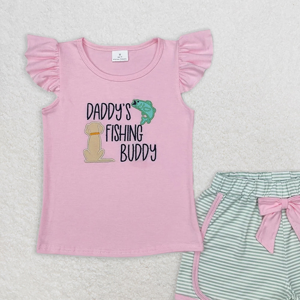 GSSO1673RTS NO MOQ Baby Girls Summer Outfits Pink daddy's fishing buddy top stripe shorts girls clothes
