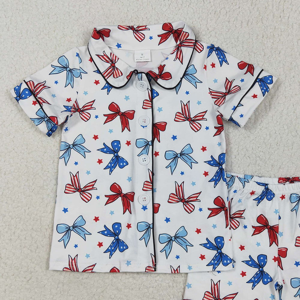 5.20  GSSO2484 RTS NO MOQ Baby Girls Summer Outfits Short sleeves blue red bow kids girls 4th of july pajamas