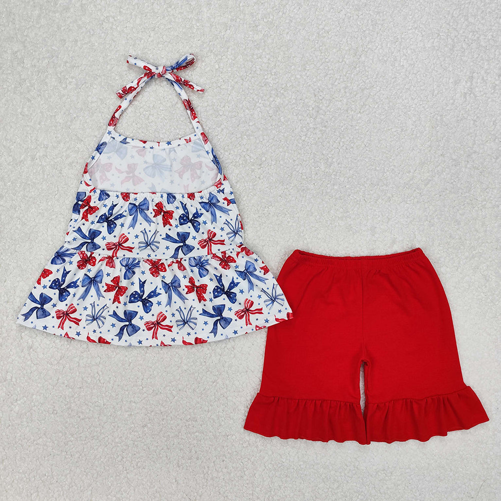 GSSO1928Girls Halter Top Shorts Set Stars Stripe Bow 4th of July Outfit Red White And Blue Patriotic Clothing for Kids