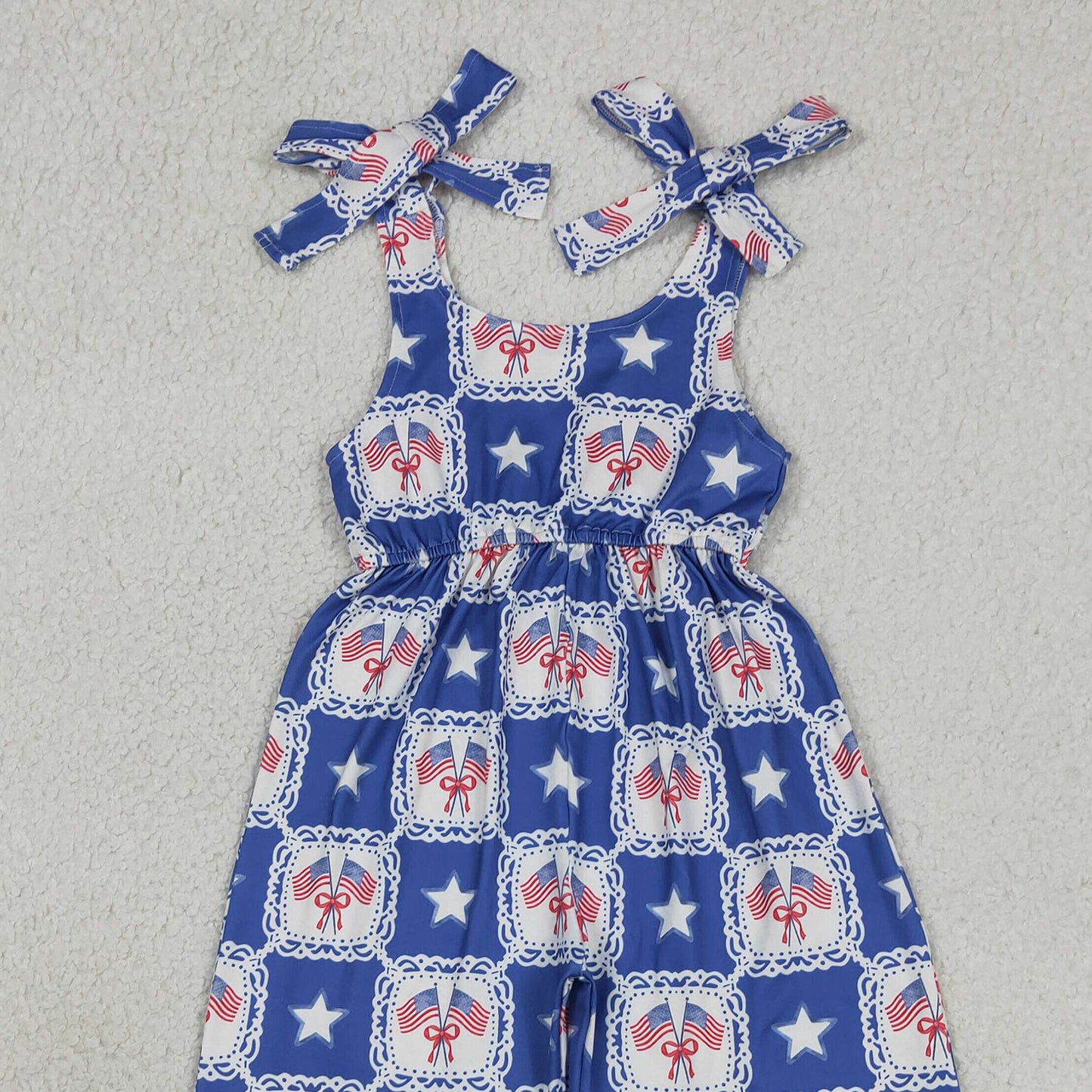 SR3875 RTS NO MOQ （In stock ）Straps flag bow stars kids girls 4th of july jumpsuit